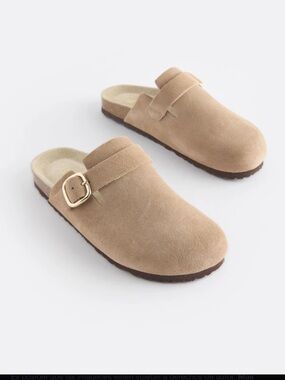 Men's Suede Slide Clogs with Buckle in Tan